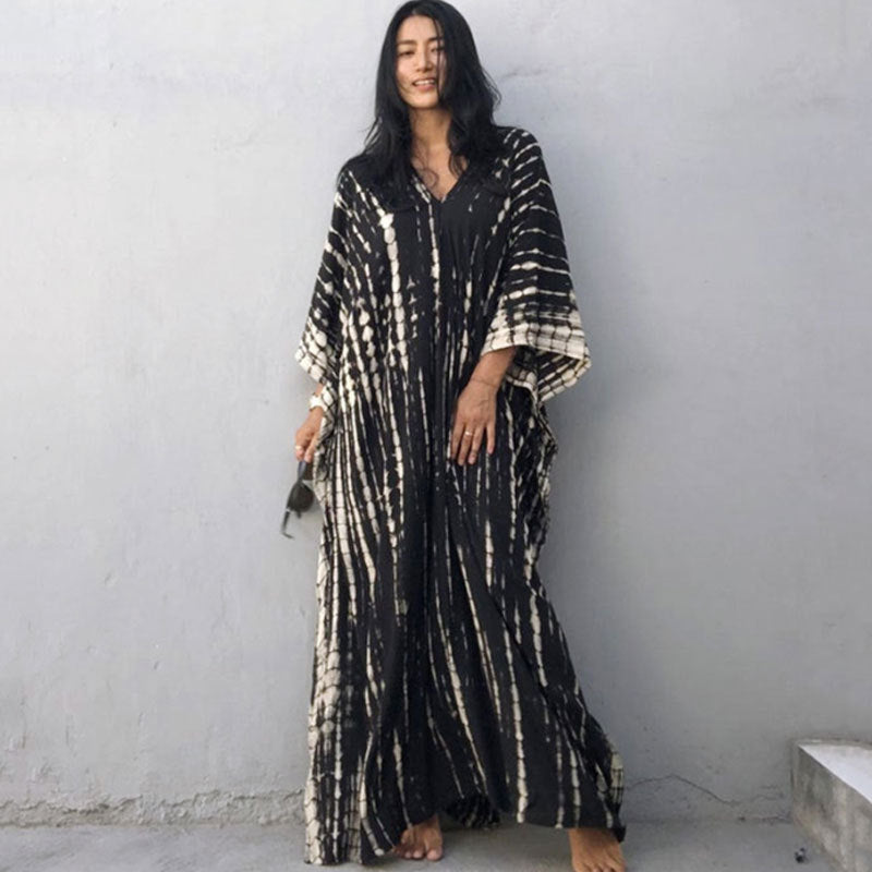 Women's Tie-Dye Kaftan Maxi Dress - Loose Fit, V-Neck Modest Cover-Up