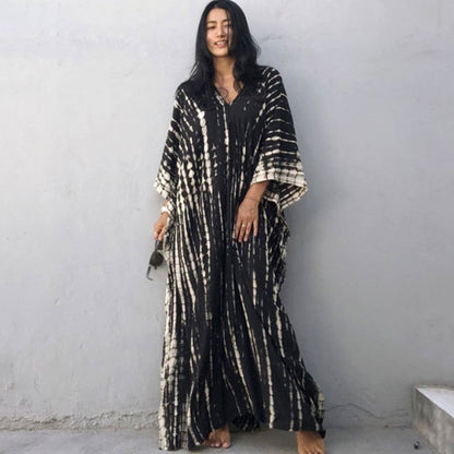 Women's Tie-Dye Kaftan Maxi Dress - Loose Fit, V-Neck Modest Cover-Up