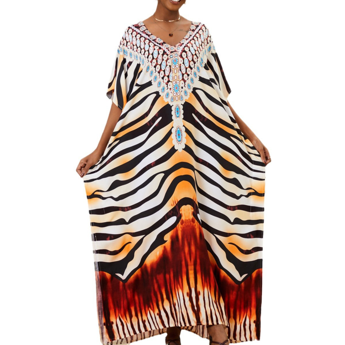 Women's Kaftan Maxi Dress - Loose Fit, V-Neck Cover-Up