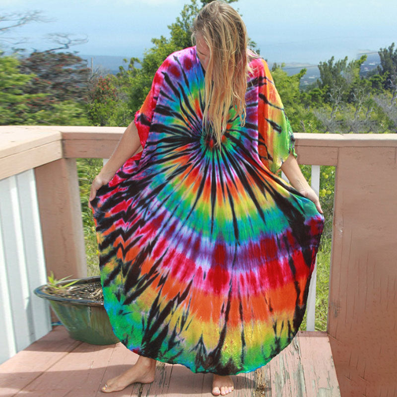 Women's Tie-Dye Kaftan Maxi Dress - Loose Fit, V-Neck Modest Cover-Up