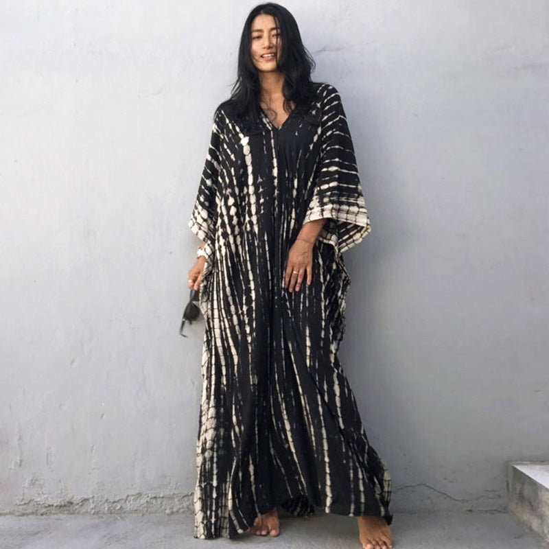 Women's Tie-Dye Kaftan Maxi Dress - Loose Fit, V-Neck Modest Cover-Up