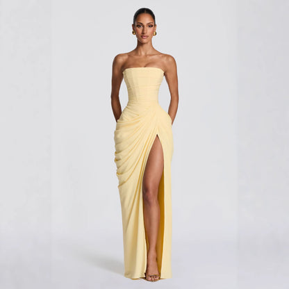 Strapless Draped Maxi Dress with High Slit – Women's