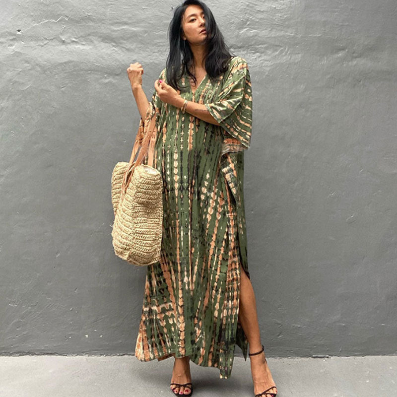 Women's Tie-Dye Kaftan Maxi Dress - Loose Fit, V-Neck Modest Cover-Up