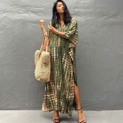 Women's Tie-Dye Kaftan Maxi Dress - Loose Fit, V-Neck Modest Cover-Up