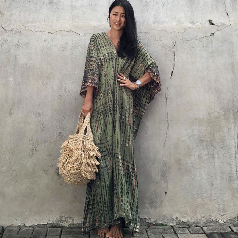 Women's Tie-Dye Kaftan Maxi Dress - Loose Fit, V-Neck Modest Cover-Up