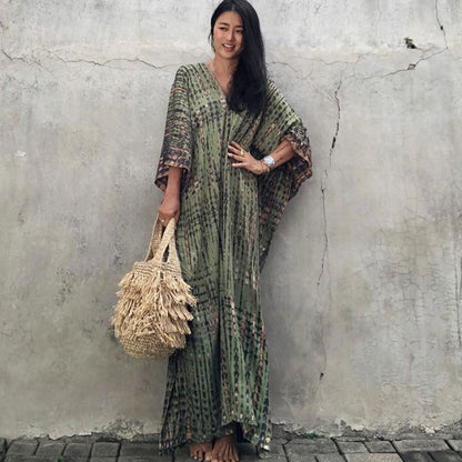 Women's Tie-Dye Kaftan Maxi Dress - Loose Fit, V-Neck Modest Cover-Up
