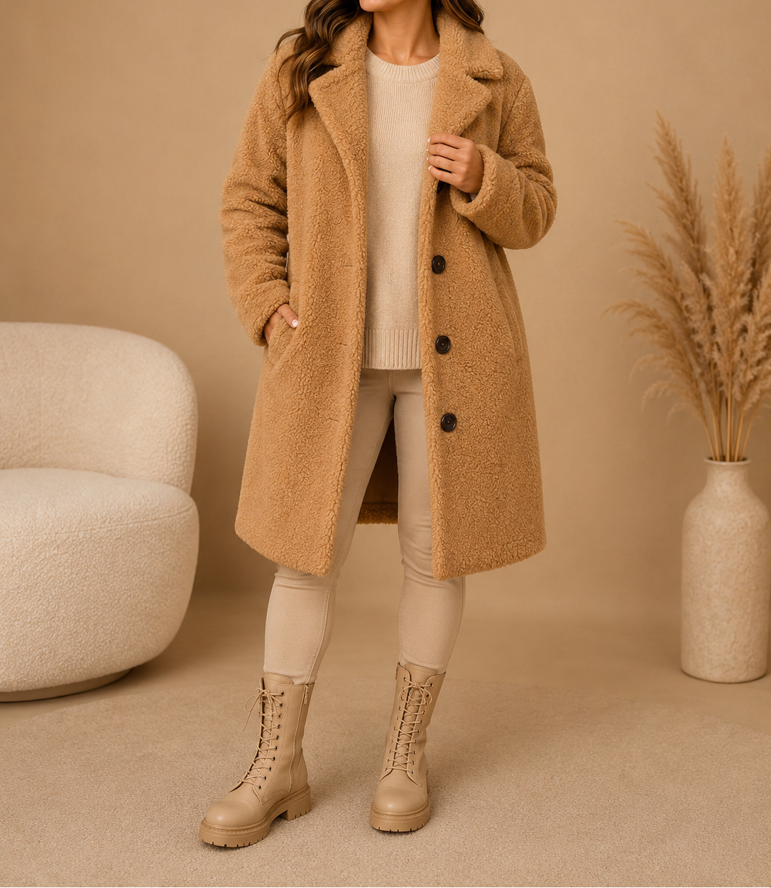 Women's Teddy Coat – Longline Button-Front Winter Coat