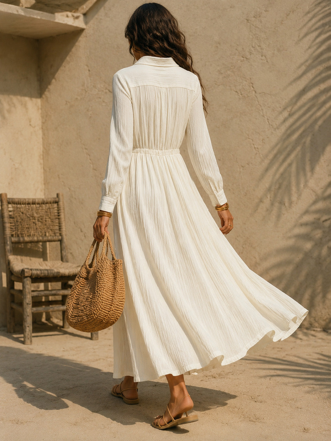 Women's Button-Front Maxi Shirt Dress – A-Line Long Sleeve