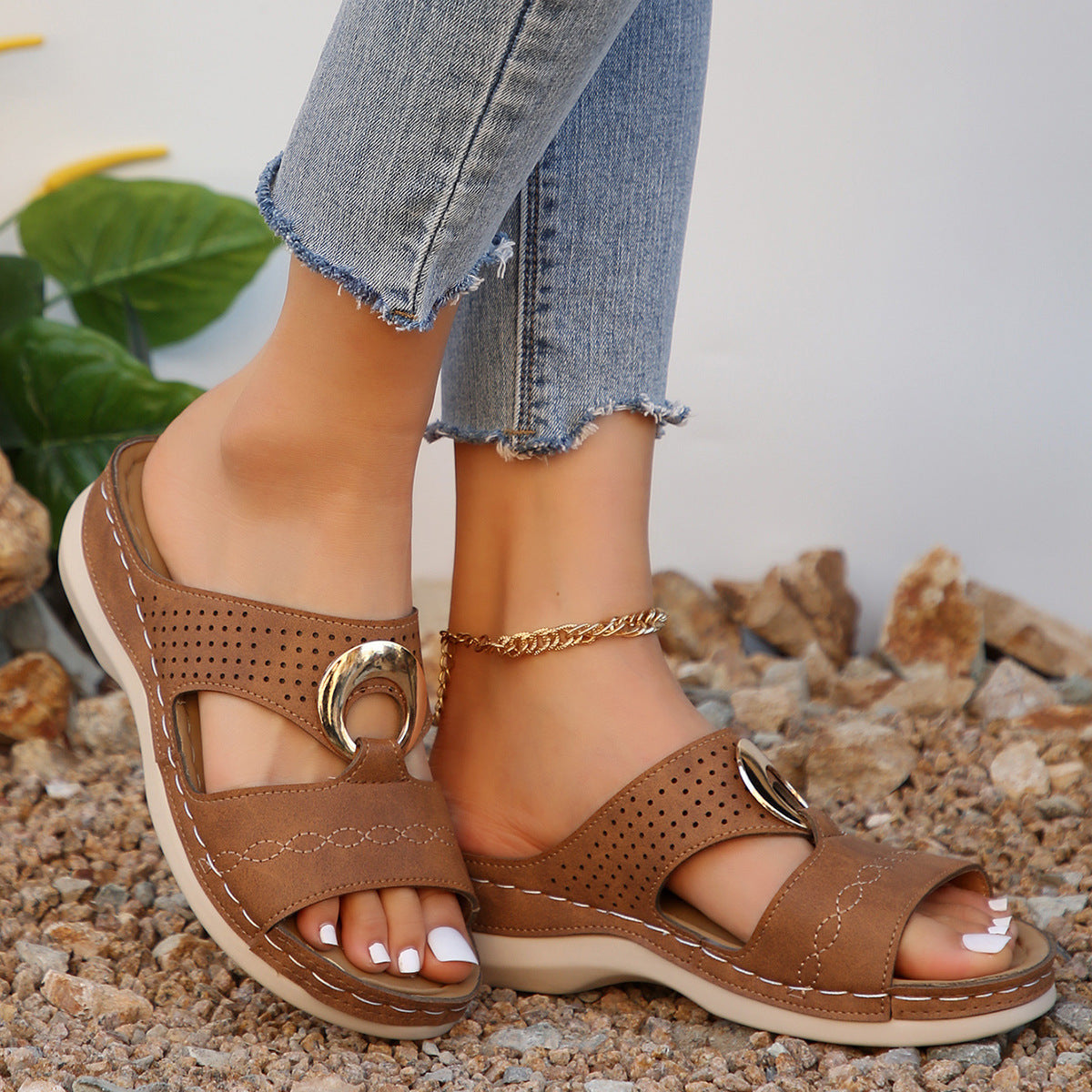 Women's Wedge Sandals – Buckle Detail, Cut-Out Slip-On Mules