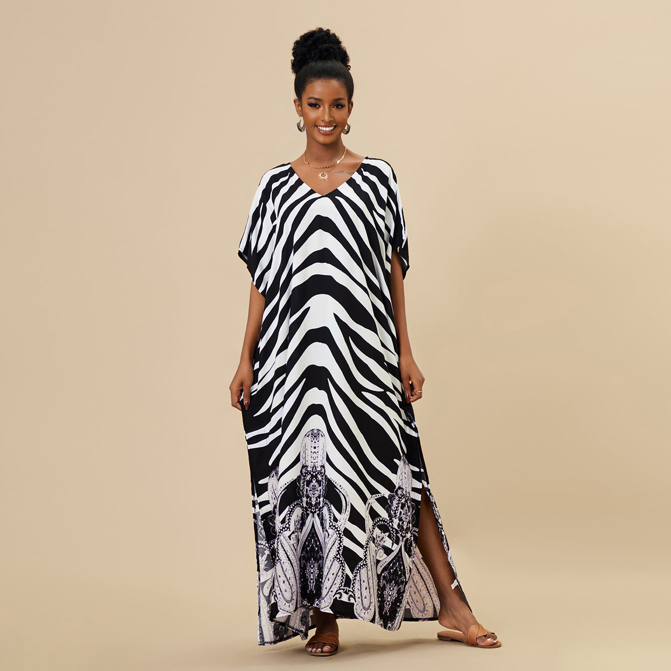 Women's Kaftan Maxi Dress - Loose Fit, V-Neck Cover-Up