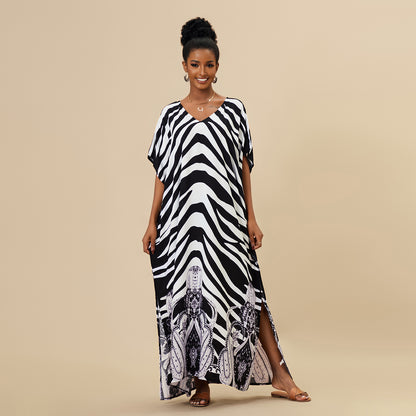 Women's Kaftan Maxi Dress - Loose Fit, V-Neck Cover-Up