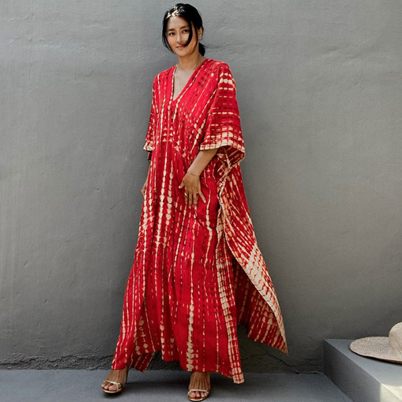 Women's Tie-Dye Kaftan Maxi Dress - Loose Fit, V-Neck Modest Cover-Up