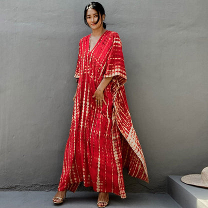 Women's Tie-Dye Kaftan Maxi Dress - Loose Fit, V-Neck Modest Cover-Up