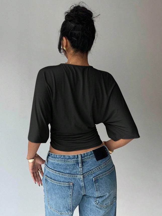 Women's Ruched Waist Crop Top Short Sleeve Black White