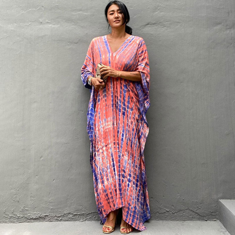 Women's Tie-Dye Kaftan Maxi Dress - Loose Fit, V-Neck Modest Cover-Up