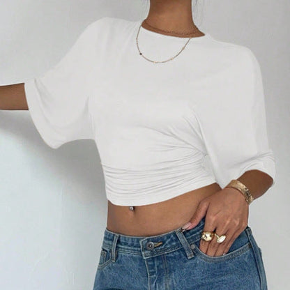 Women's Ruched Waist Crop Top Short Sleeve Black White