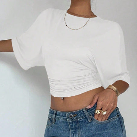 Women's Ruched Waist Crop Top Short Sleeve Black White