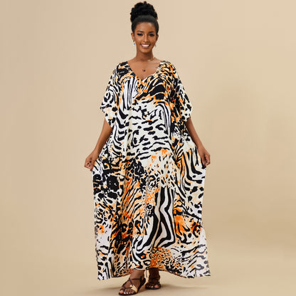 Women's Kaftan Maxi Dress - Loose Fit, V-Neck Cover-Up