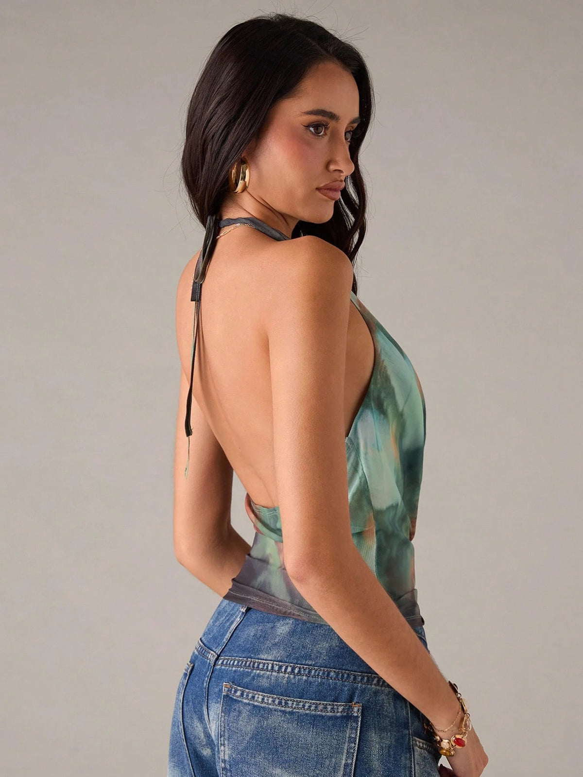 Women's Mesh Cowl Neck Halter Crop Top Abstract Print