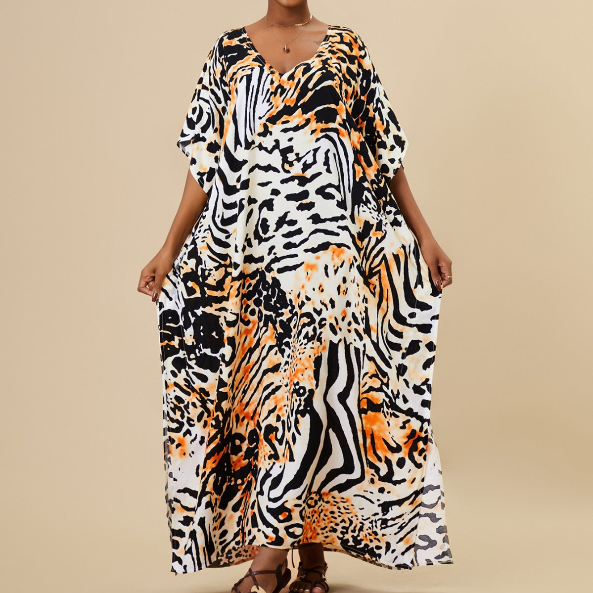 Women's Kaftan Maxi Dress - Loose Fit, V-Neck Cover-Up