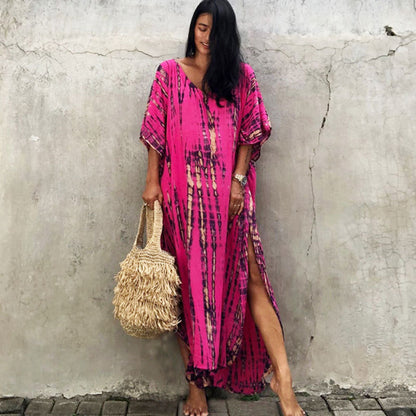 Women's Tie-Dye Kaftan Maxi Dress - Loose Fit, V-Neck Modest Cover-Up
