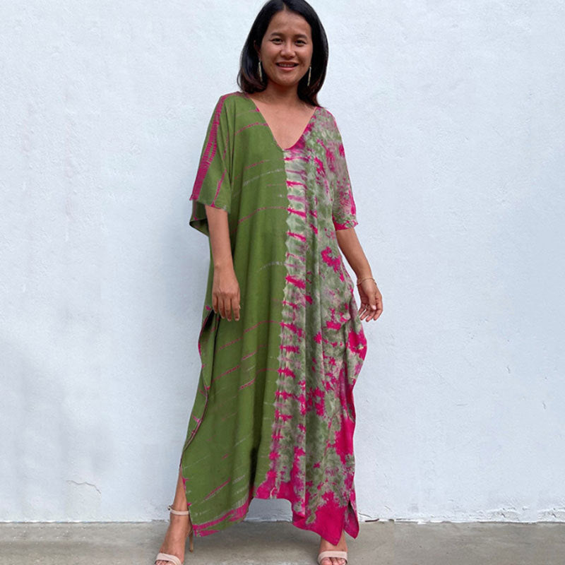 Women's Tie-Dye Kaftan Maxi Dress - Loose Fit, V-Neck Modest Cover-Up