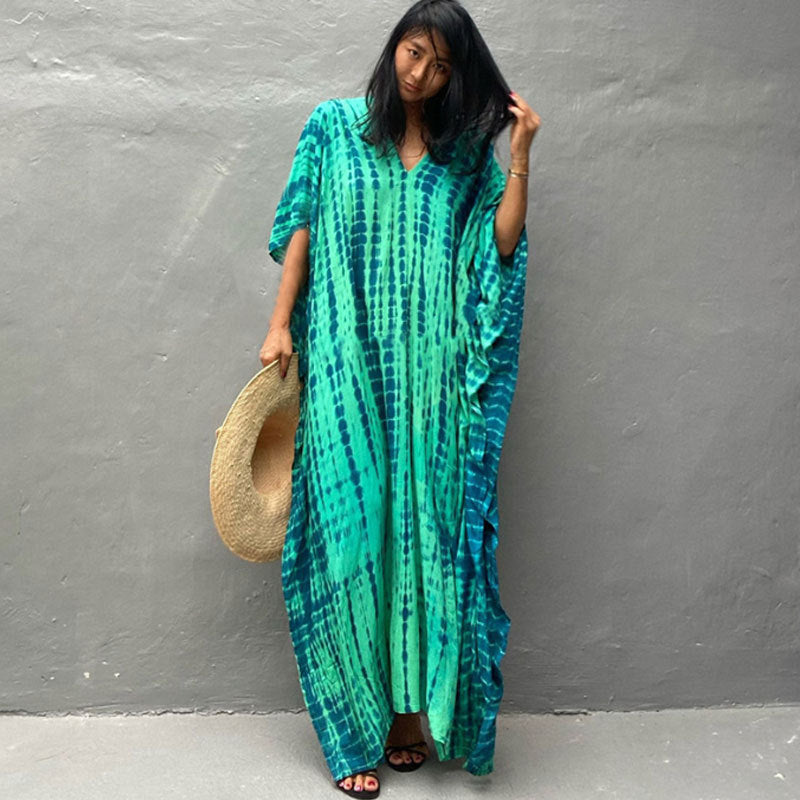 Women's Tie-Dye Kaftan Maxi Dress - Loose Fit, V-Neck Modest Cover-Up