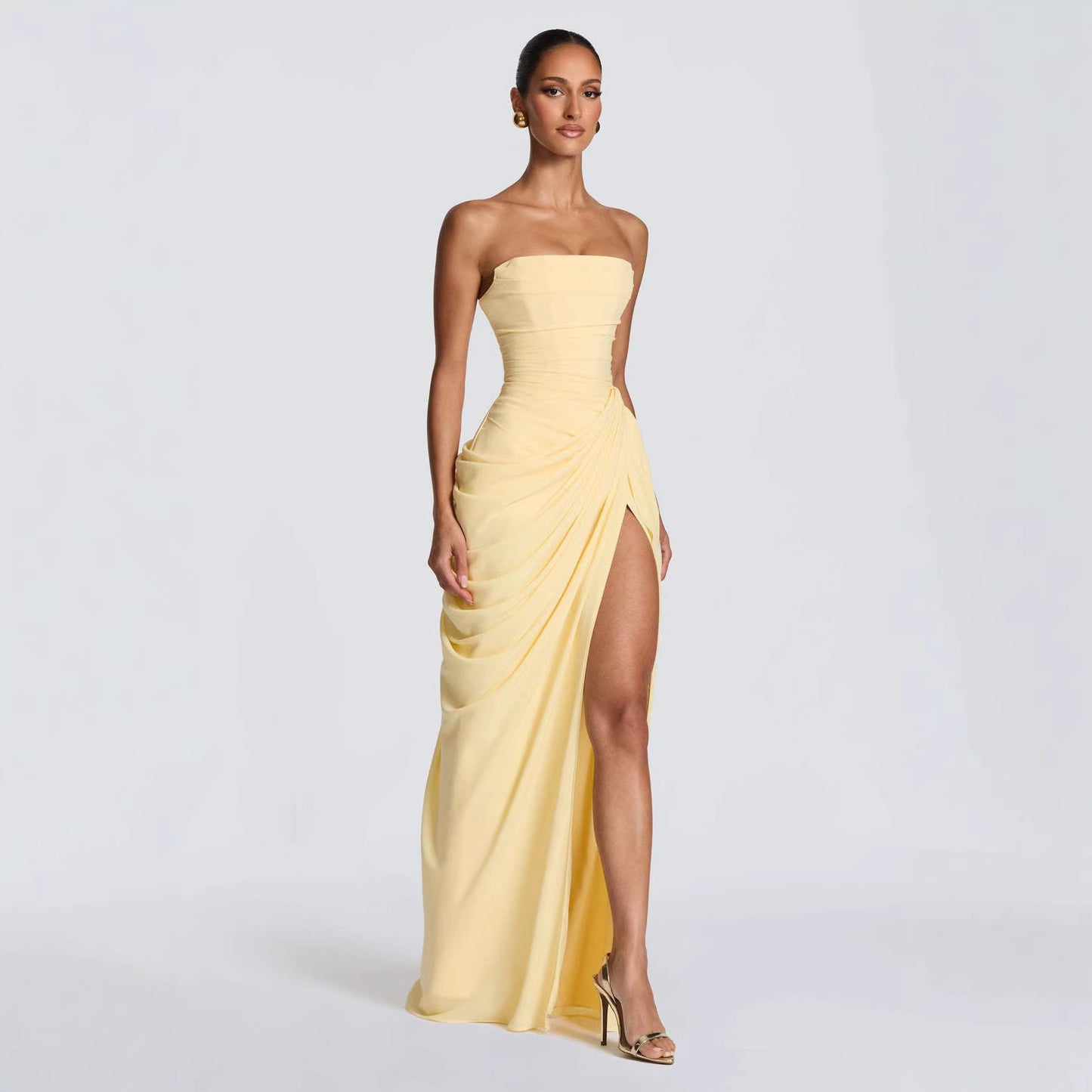 Strapless Draped Maxi Dress with High Slit – Women's