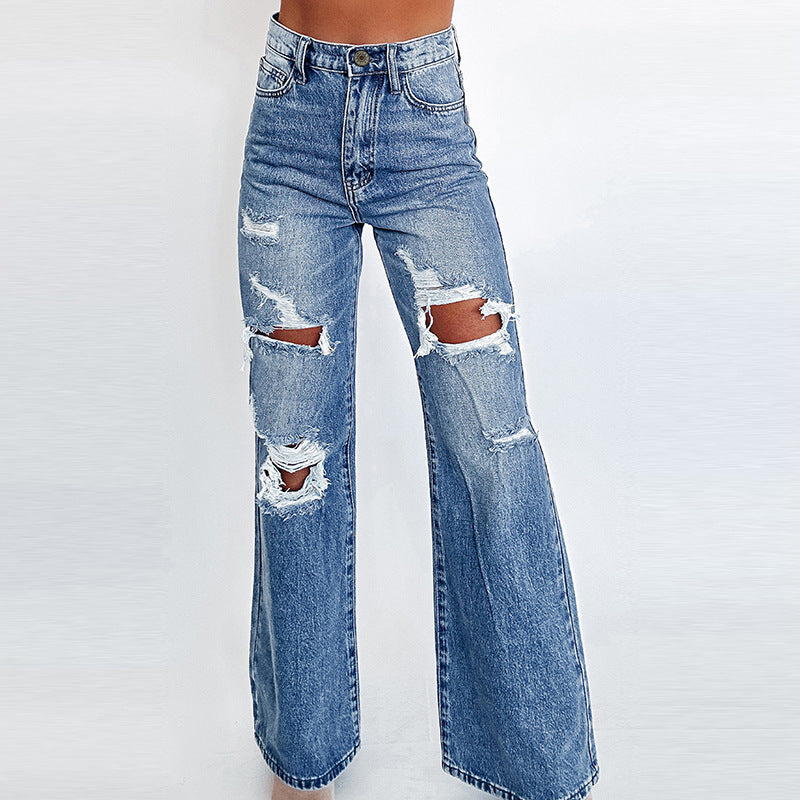 Women's High-Waist Wide Leg Ripped Denim Jeans Cotton