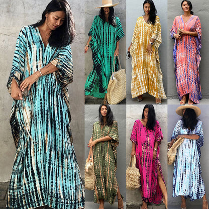 Women's Tie-Dye Kaftan Maxi Dress - Loose Fit, V-Neck Modest Cover-Up