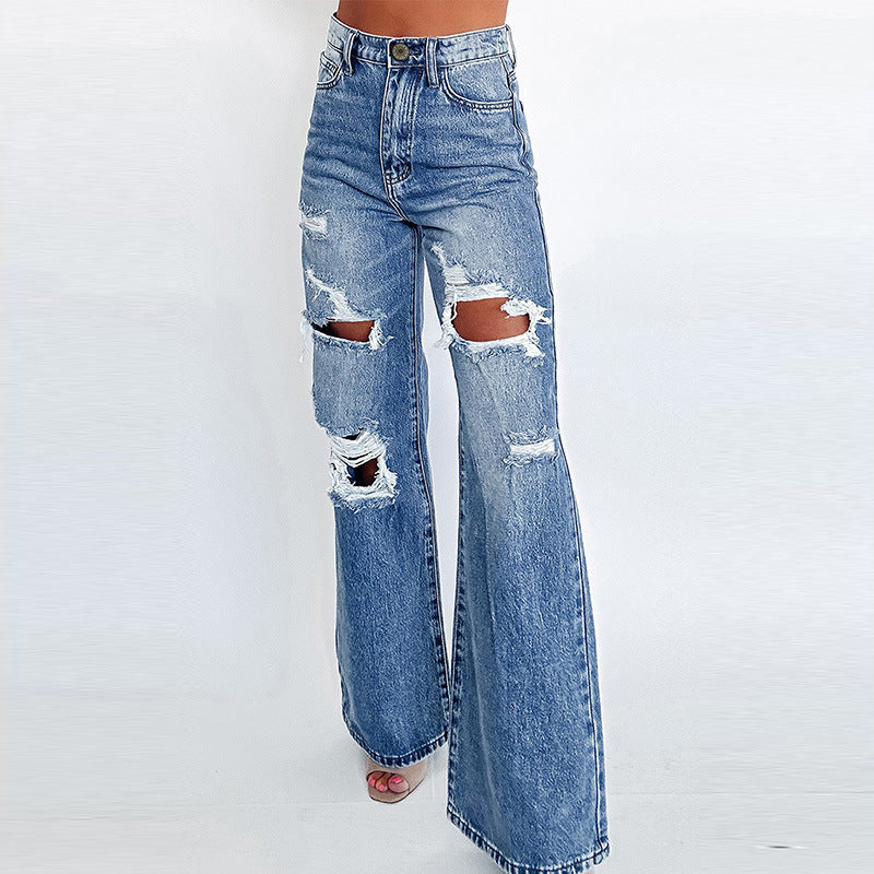Women's High-Waist Wide Leg Ripped Denim Jeans Cotton