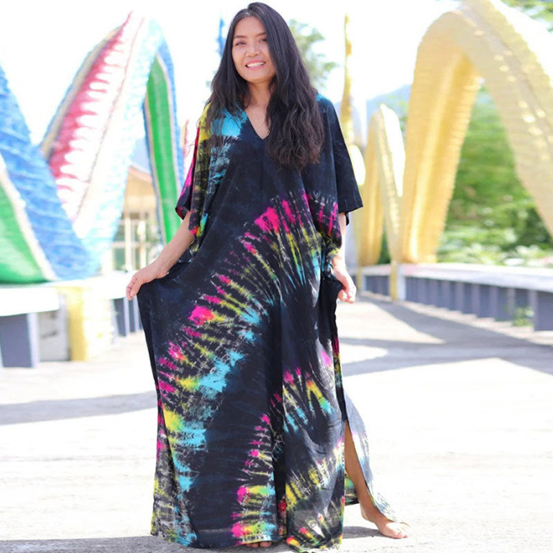 Women's Tie-Dye Kaftan Maxi Dress - Loose Fit, V-Neck Modest Cover-Up
