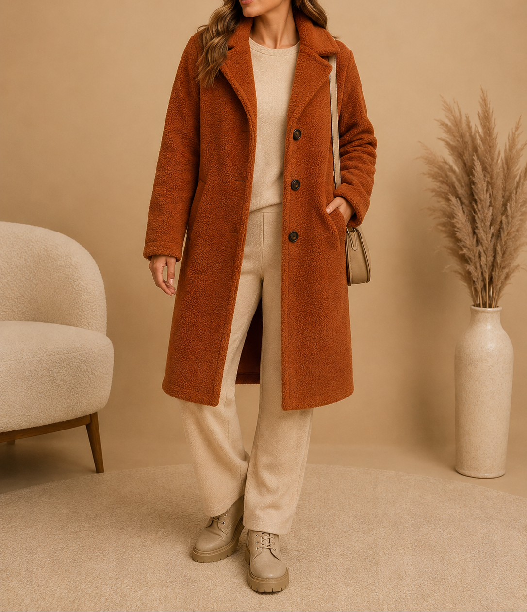 Women's Teddy Coat – Longline Button-Front Winter Coat