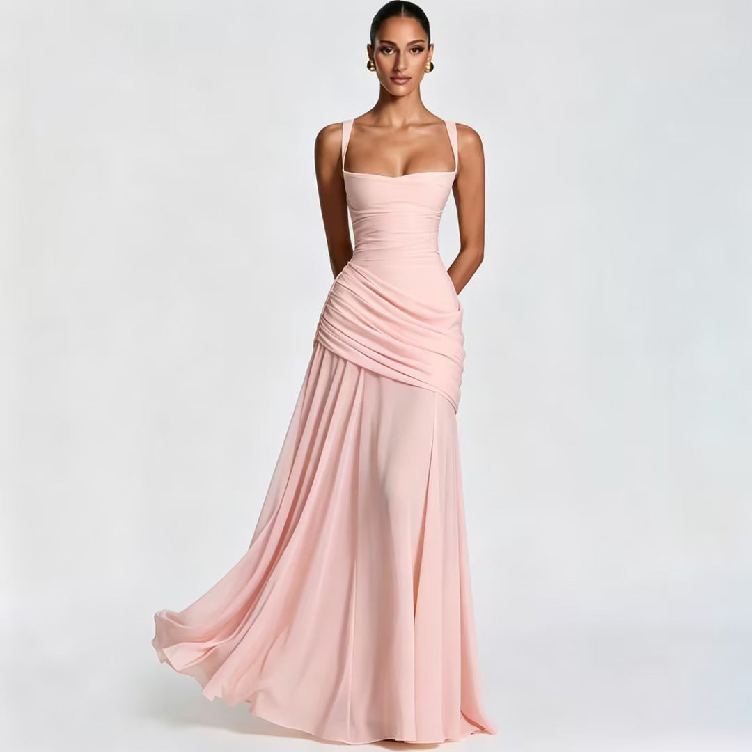 Women's Wedding Guest Dress – Ruched Square Neck Maxi Dress