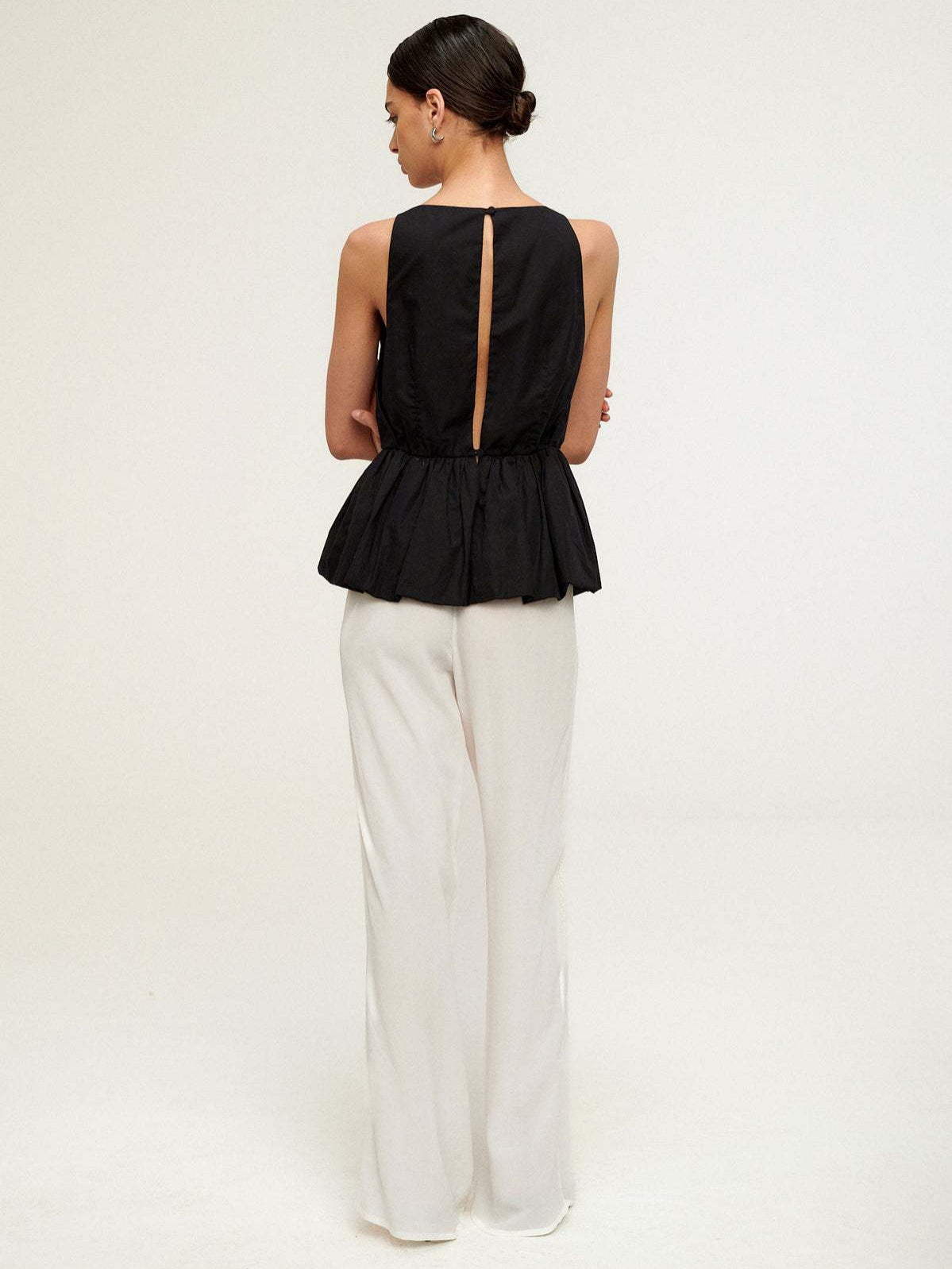 Black Cotton Peplum Top Sleeveless Bateau Neck Women