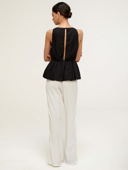 Black Cotton Peplum Top Sleeveless Bateau Neck Women