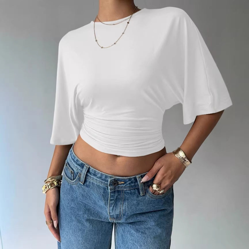 Women's Ruched Waist Crop Top Short Sleeve Black White