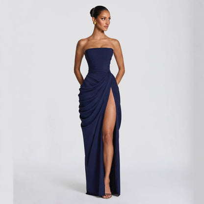 Strapless Draped Maxi Dress with High Slit – Women's