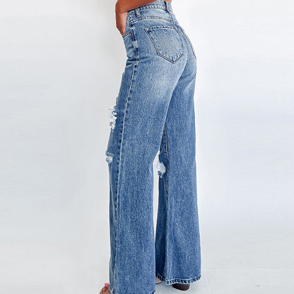 Women's High-Waist Wide Leg Ripped Denim Jeans Cotton