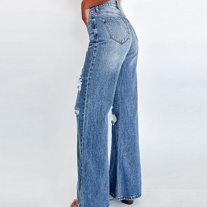 Women's High-Waist Wide Leg Ripped Denim Jeans Cotton