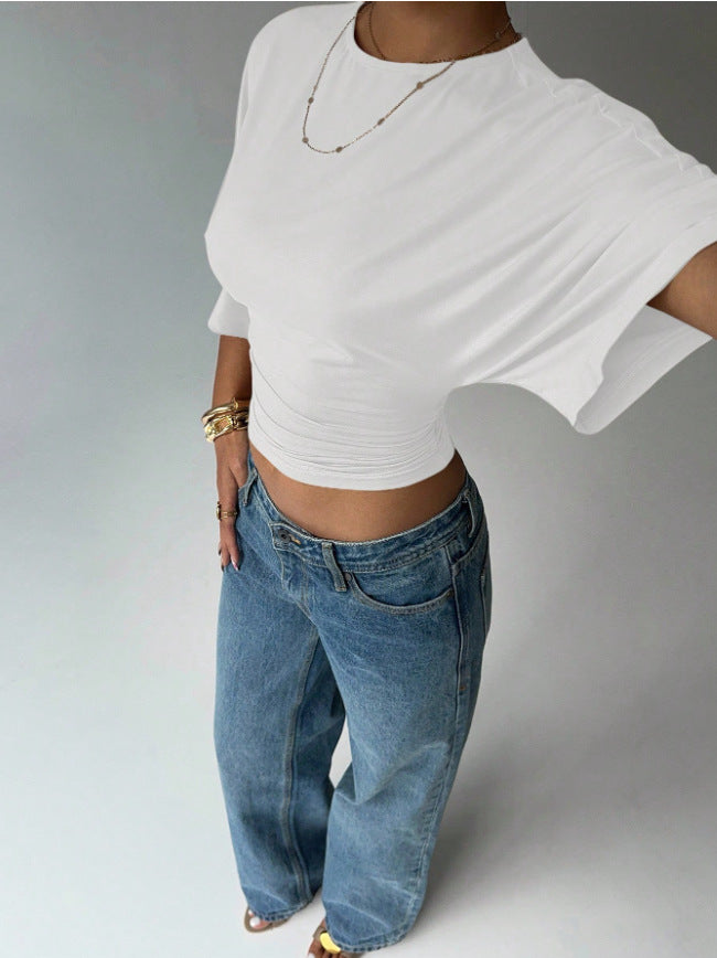 Women's Ruched Waist Crop Top Short Sleeve Black White