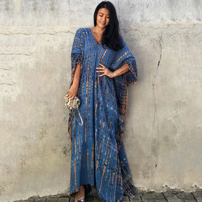 Women's Tie-Dye Kaftan Maxi Dress - Loose Fit, V-Neck Modest Cover-Up