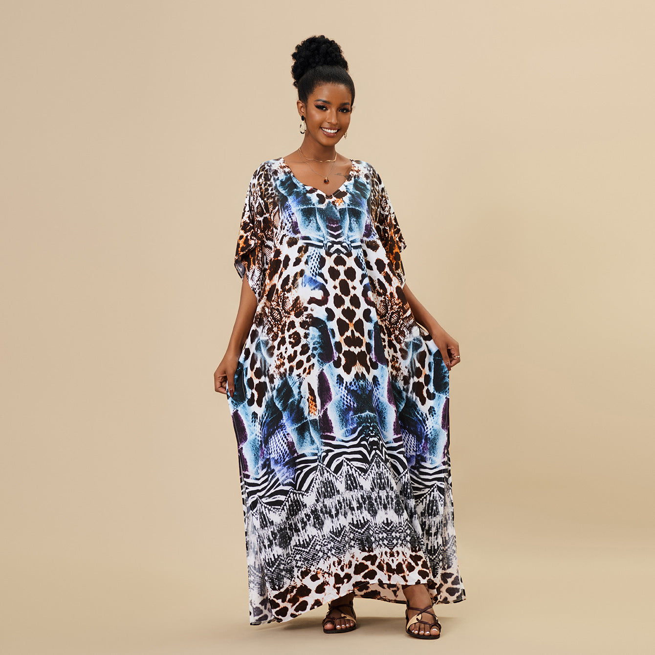 Women's Kaftan Maxi Dress - Loose Fit, V-Neck Cover-Up