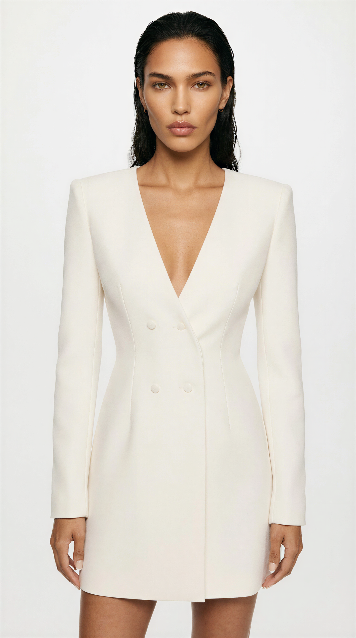 Women's Blazer Mini Dress – Double-Breasted V-Neck Occasion Dress