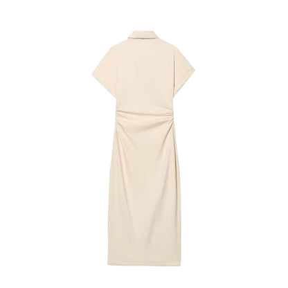 Women's Denim Midi Dress – Ruched Waist Button-Through