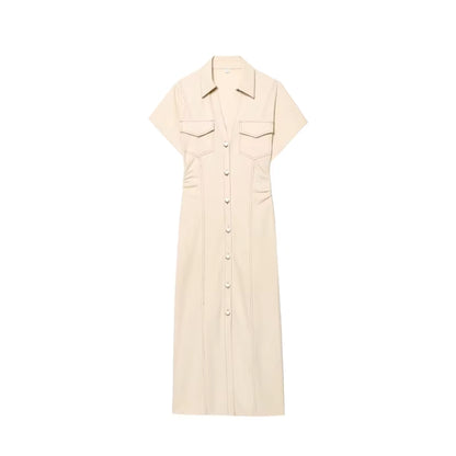 Women's Denim Midi Dress – Ruched Waist Button-Through