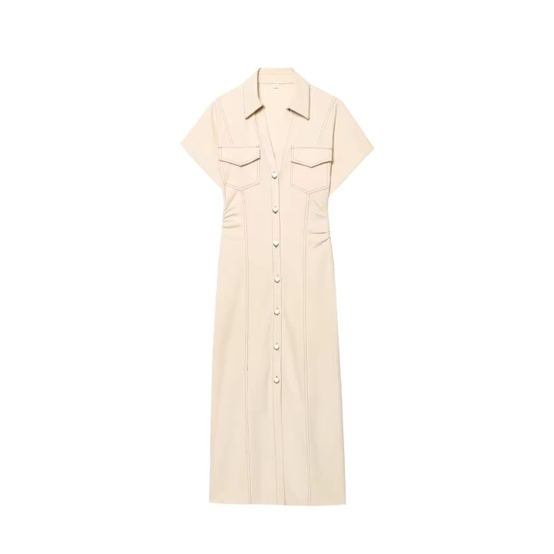 Women's Denim Midi Dress – Ruched Waist Button-Through