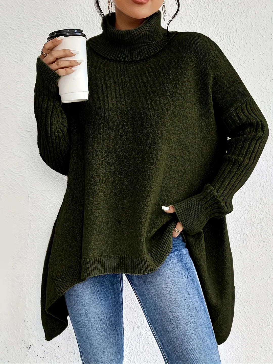 Women's Oversized Knit Turtleneck Jumper – Asymmetric Hem