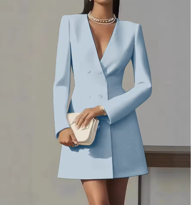 Women's Blazer Mini Dress – Double-Breasted V-Neck Occasion Dress