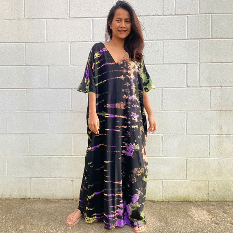 Women's Tie-Dye Kaftan Maxi Dress - Loose Fit, V-Neck Modest Cover-Up